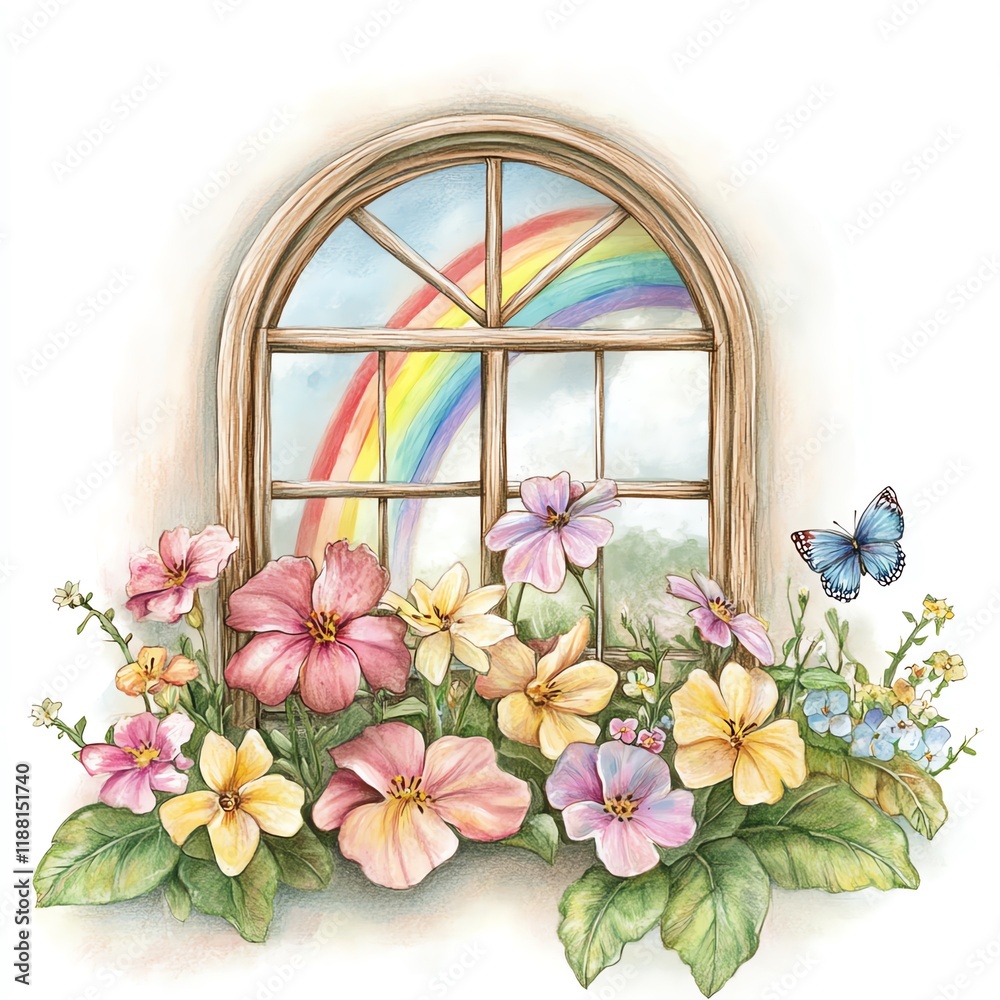 Obraz premium Colorful flowers bloom under a sunny sky with a rainbow, inviting nature into the home.