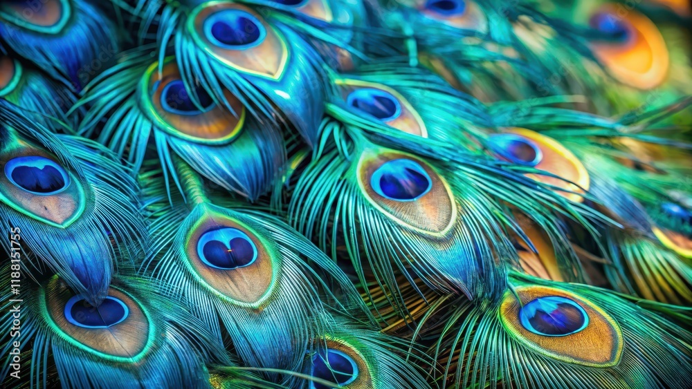 Obraz premium A close-up shot of vibrant blue peacock feathers scattered on a branch, showcasing intricate patterns and textures, texture