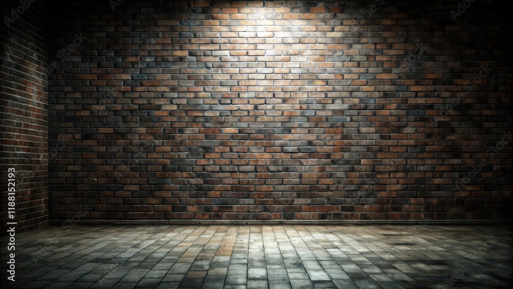 Dark room with tile floor and brick wall background, low light, abandoned, low light, abandoned Dark room with tile floor and brick wall background, low light, abandoned, low light, abandoned