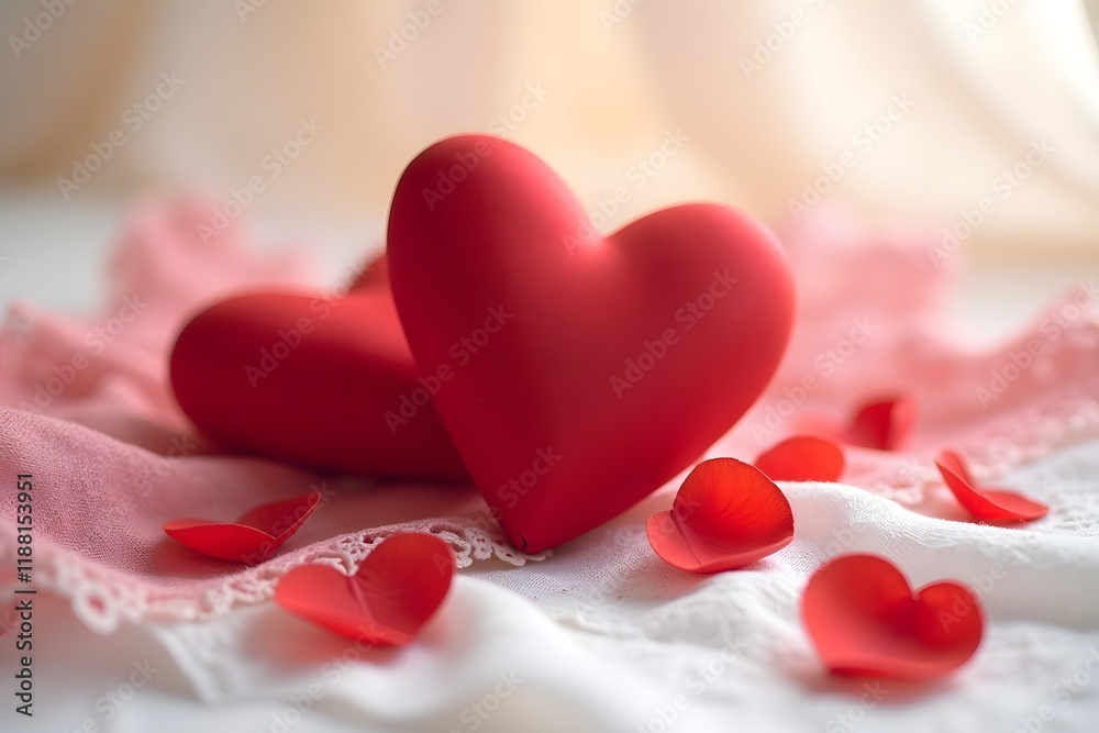 Fototapeta premium Valentine Heart folded Red Silk Fabric, Wedding Love concept
