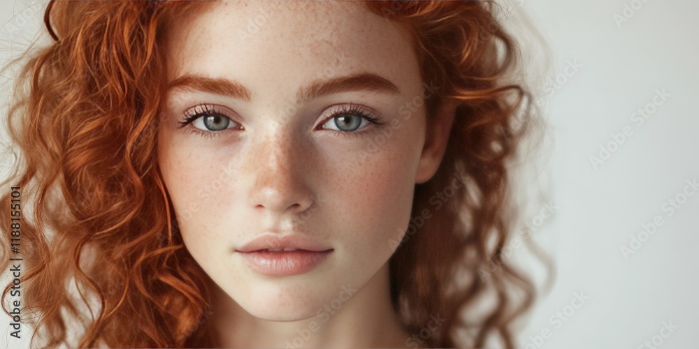 Fototapeta premium Close up portrait of a beautiful girl featuring curly red hair and freckles, gazing directly at the camera against a white background, showcasing her unique beauty and charm.