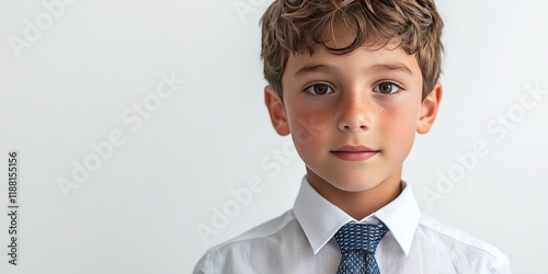 Close up portrait of a boy in a tie, showcasing the details of the boy s expression and attire against a clean white background, highlighting the boy in a tie s charm and style. photo