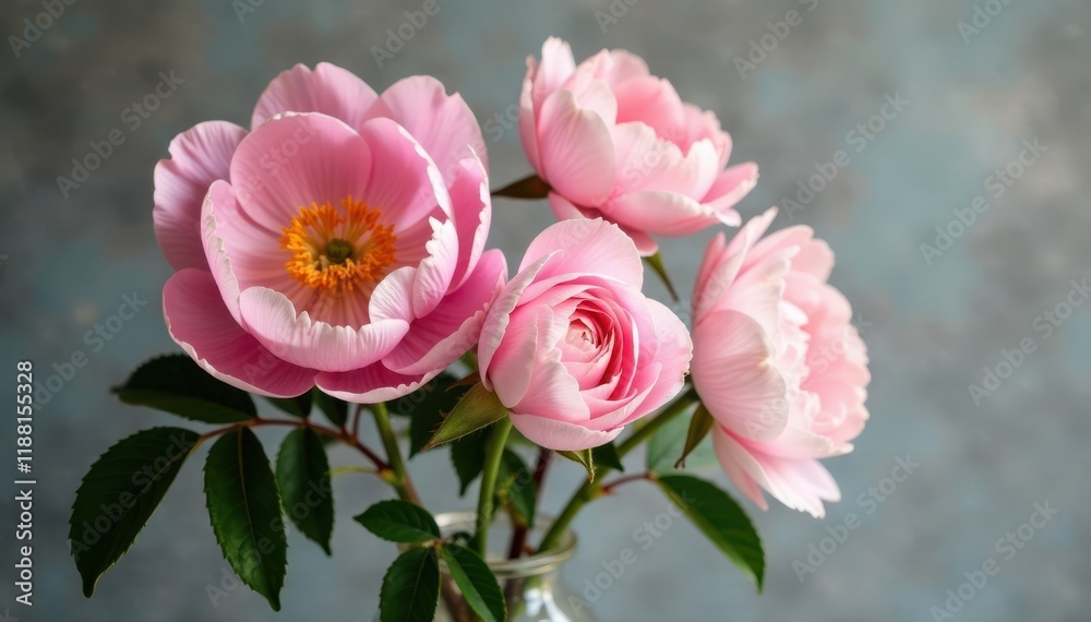 Soft pink peonies and delicate roses in a vase, spring flowers, pink peonies Soft pink peonies and delicate roses in a vase, spring flowers, pink peonies