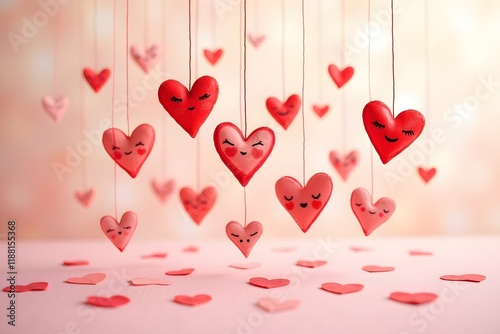 Beautiful red hearts hanging on a blurred background with bokeh. St Valentine`s Day or Love concept.