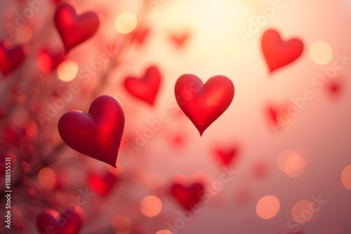 Beautiful red hearts hanging on a blurred background with bokeh. St Valentine`s Day or Love concept.