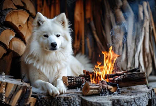 White dog campfire woodshed winter warmth.
