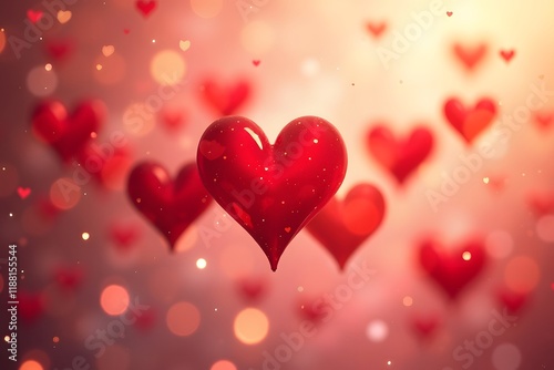 Beautiful red hearts hanging on a blurred background with bokeh. St Valentine`s Day or Love concept.
