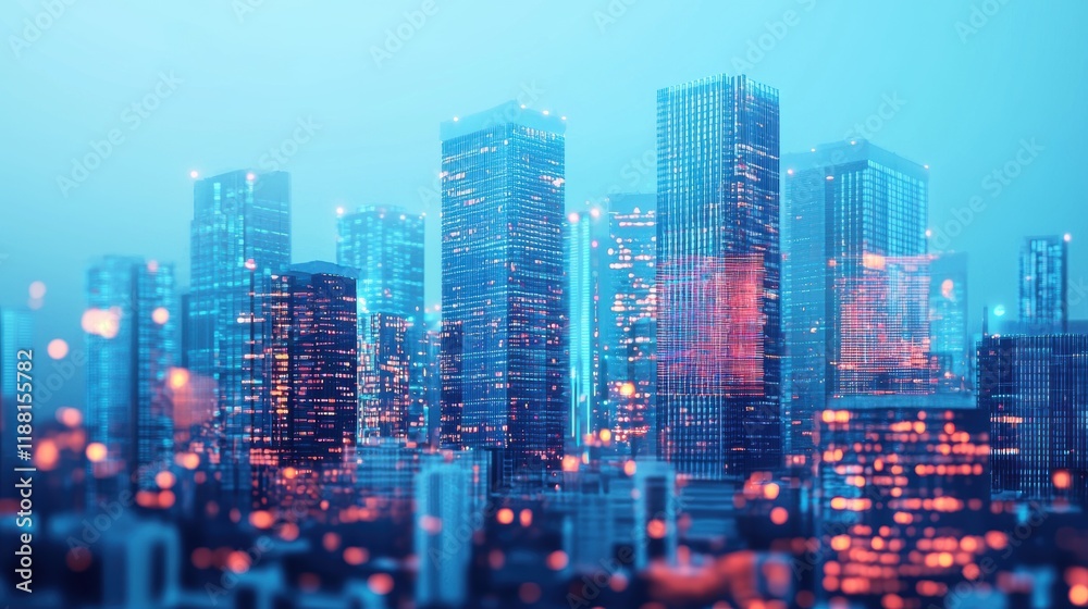 Obraz premium Futuristic Urban Skyline at Dusk with Colorful Lights and Reflection