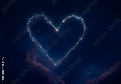 Bright Heart-Shaped Constellation of Starlight in a Mystical Space Setting with Ethereal Nebula Background