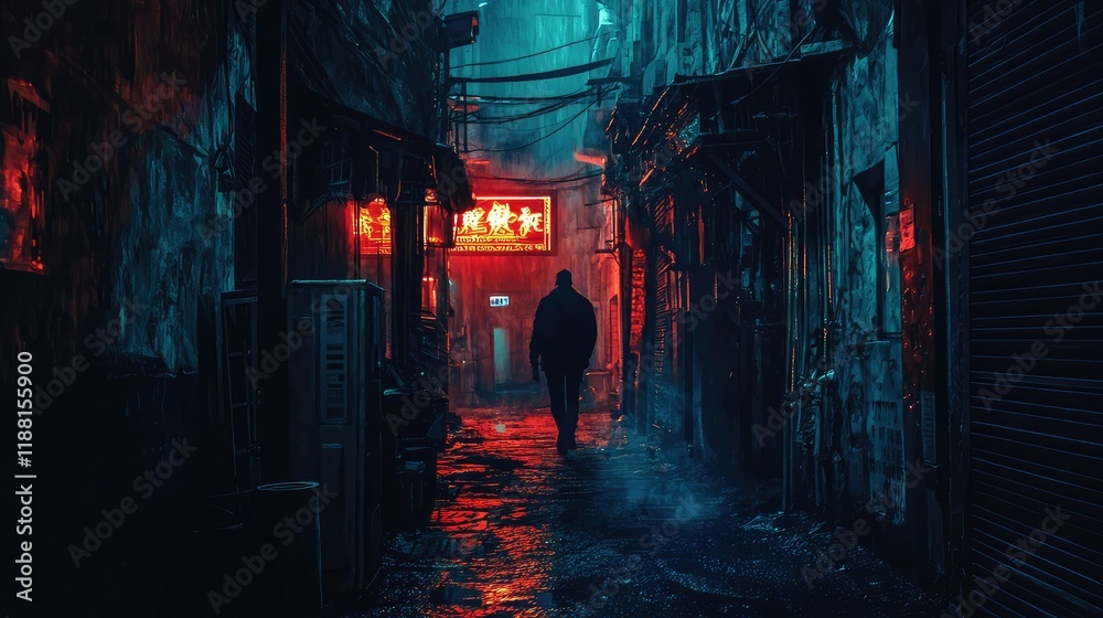 Fototapeta premium Mysterious Urban Alleyway with Neon Lights in Rainy Night Scene