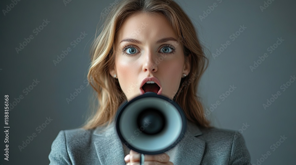 Fototapeta premium Female voice at work, feminist office worker disagreement or strike, serious businesswoman in a grey suit yelling over a black microphone, Black Friday fun announcement 