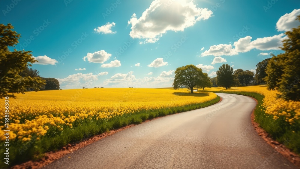 Obraz premium A winding country road cuts through a field of vibrant yellow wildflowers, framed by lush green foliage and a blue sky dotted with fluffy white clouds.