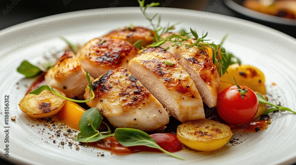 Crispy chicken breast pieces are served with fried sides and fresh vegetables, beautifully arranged on a plate, perfect for a culinary showcase. Crispy chicken breast pieces are served with fried sides and fresh vegetables, beautifully arranged on a plate, perfect for a culinary showcase.