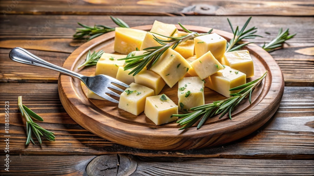 Fototapeta premium A cheese platter arranged on a wooden board with fresh rosemary sprigs and a fork placed artfully among the cheese slices , appetizer, arrangement