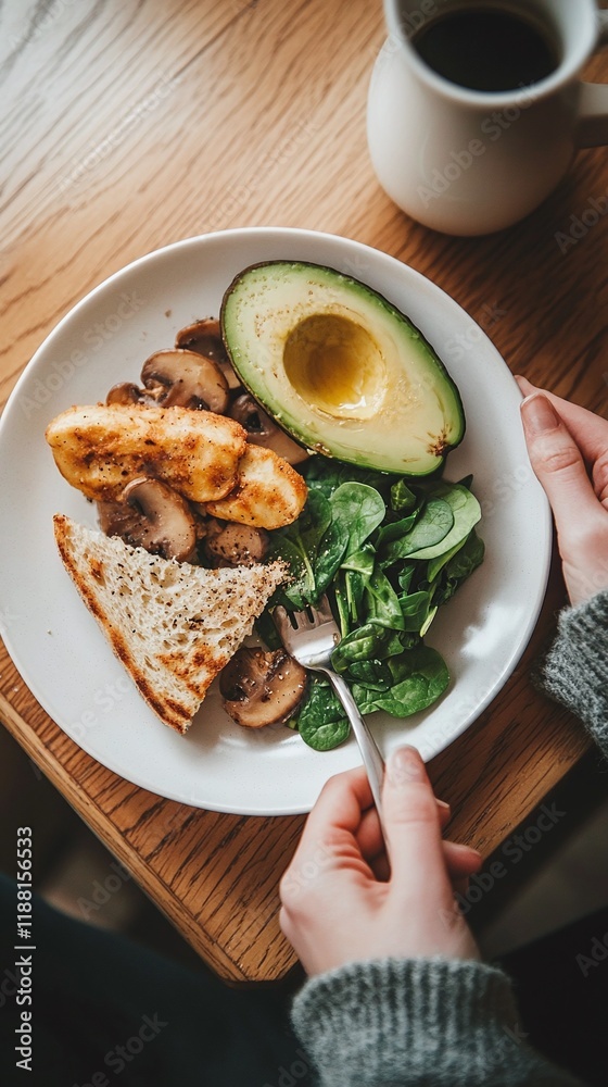 A person enjoying a gluten-free vegan breakfast with avocado spinach and mushrooms. A person enjoying a gluten-free vegan breakfast with avocado spinach and mushrooms.
