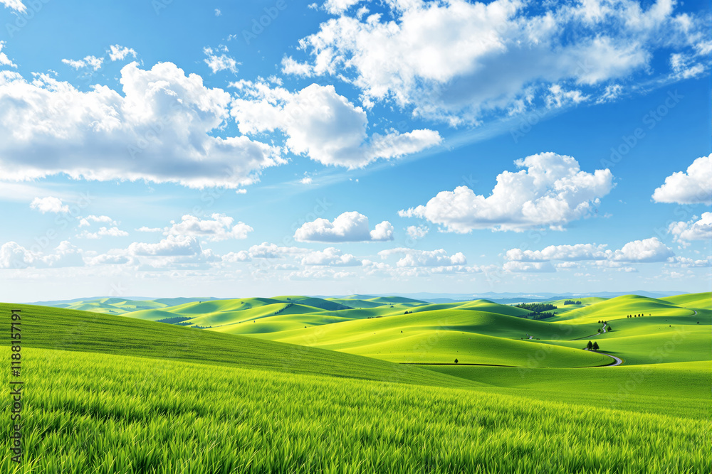 Fototapeta premium Lush green landscape with rolling hills and a bright blue sky filled with fluffy clouds.