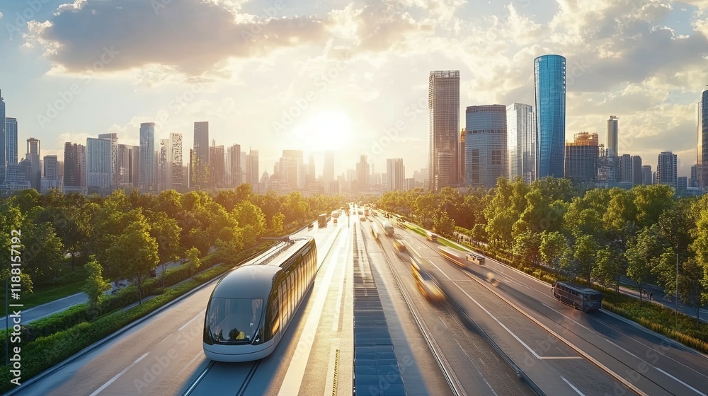 Naklejka premium Futuristic Pod Train on City Highway at Sunset: A Serene Urban Vista