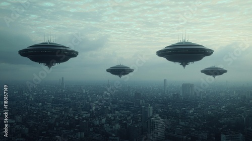 Futuristic Sky with Hovering UFOs Over Urban Landscape at Dusk photo