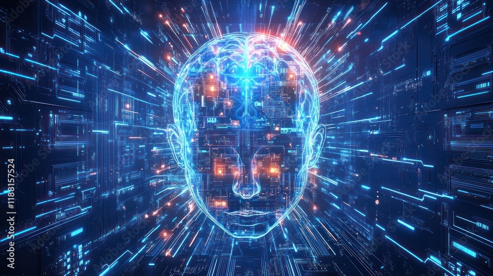 Obraz premium Futuristic digital human head with glowing circuits and data streams.