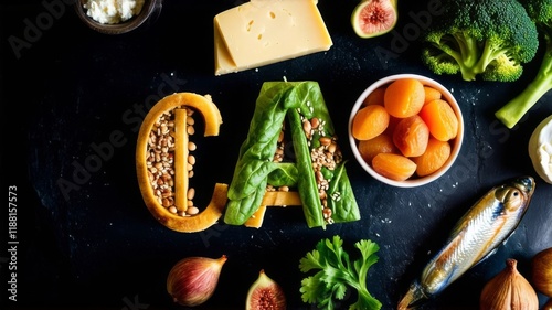 Wallpaper Mural Calcium in nutrition concept. Cottage cheese, sour cream, nuts, cabbage, cheese, soy, parsley, spinach, dried apricots, broccoli, figs, sardines, sesame, beans Torontodigital.ca