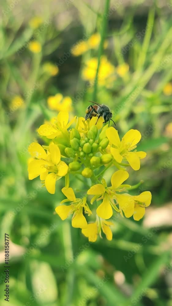 A honey bee collecting natural honey and beeswax from the yellow flowers of a green fresh organic Thai hybrid variety of mustard in the mustard field
A honey bee collecting natural honey and beeswax from the yellow flowers of a green fresh organic Thai hybrid variety of mustard in the mustard field