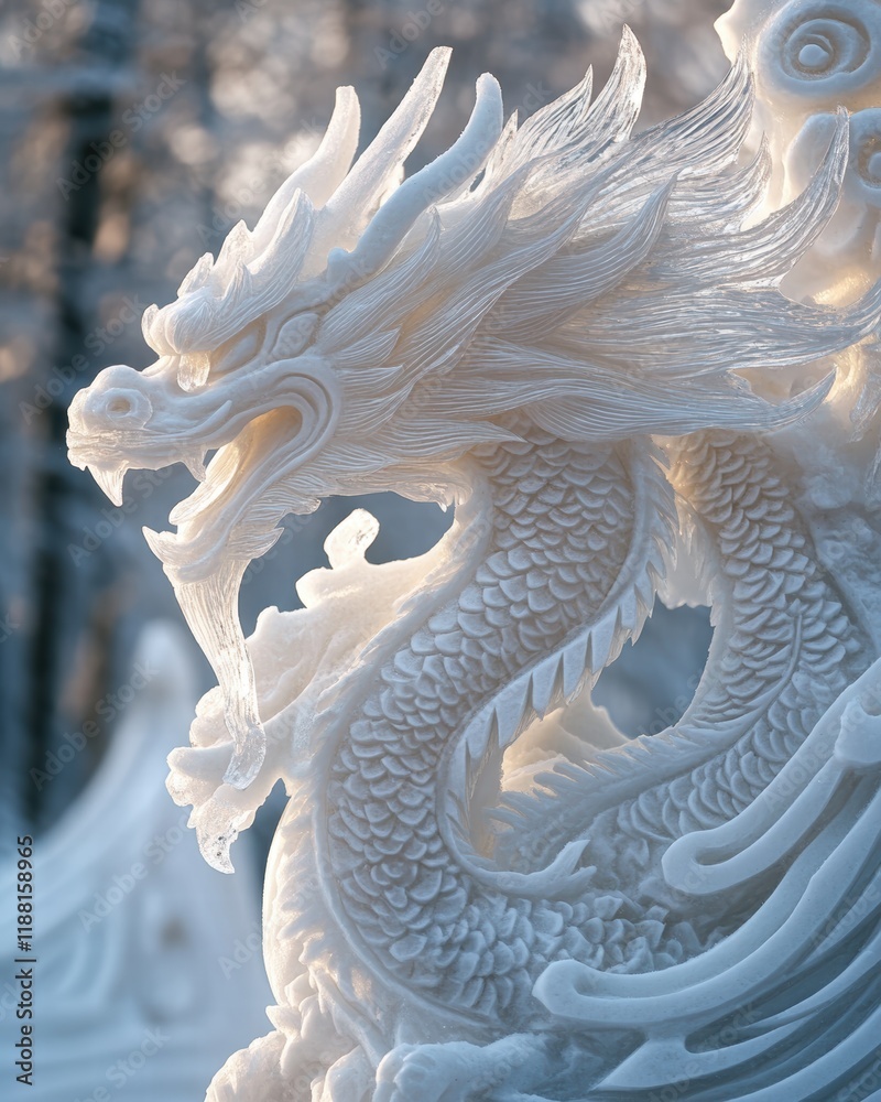 A close-up of an intricately carved snow sculpture featuring a dragon and phoenix symbolizing prosperity and harmony A close-up of an intricately carved snow sculpture featuring a dragon and phoenix symbolizing prosperity and harmony