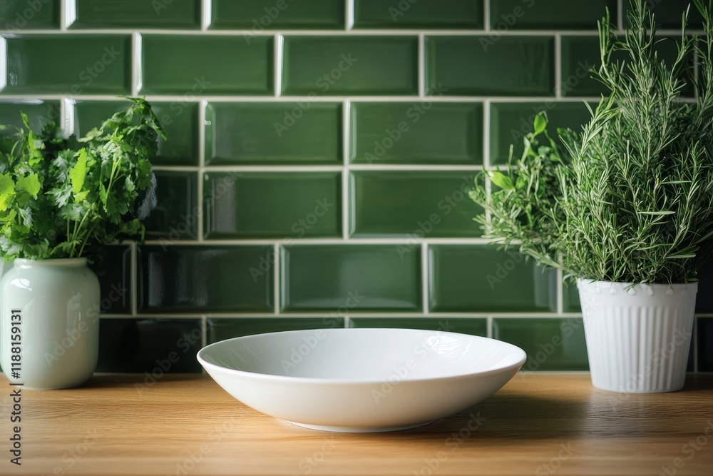Empty white bowl on wood counter with herbs and green tile backsplash. Empty white bowl on wood counter with herbs and green tile backsplash.