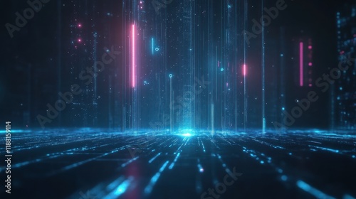 Abstract digital data stream, glowing lines and particles.