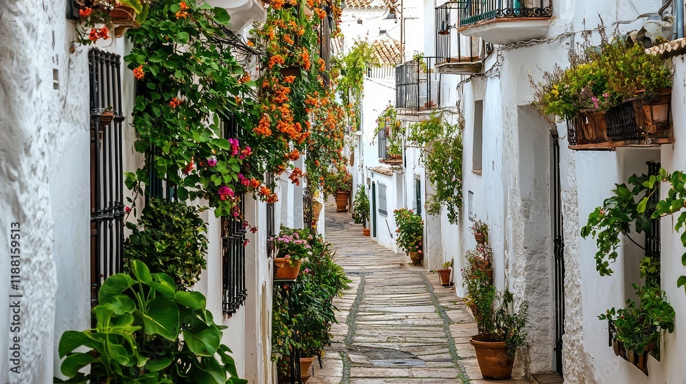 Fototapeta premium Serene Whitewashed Alley Surrounded by Colorful Flowering Vines