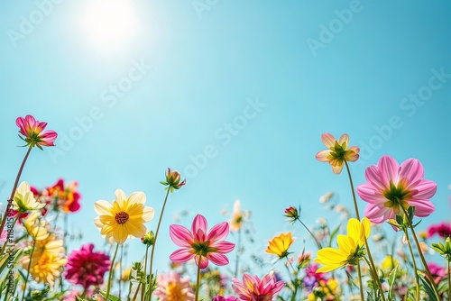 A colorful garden filled with vibrant dahlias in full bloom under a clear blue sky. photo