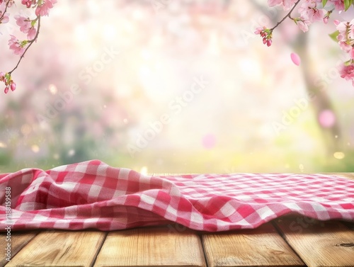 Red checkered picnic cloth on wooden table, spring blossom background. photo