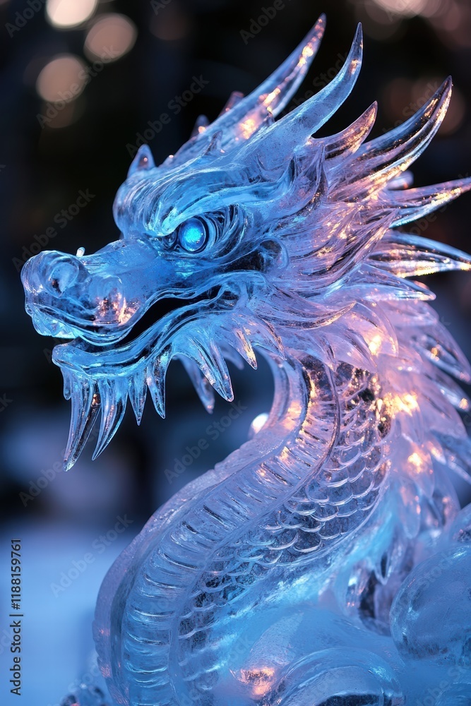 A close-up of intricate details on an ice sculpture of a mythical dragon glowing with soft blue light A close-up of intricate details on an ice sculpture of a mythical dragon glowing with soft blue light