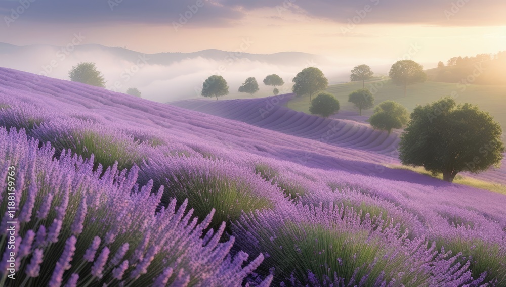 Lavender Fields at Dawn A Serene Landscape of Rolling Hills and Misty Horizons Lavender Fields at Dawn A Serene Landscape of Rolling Hills and Misty Horizons
