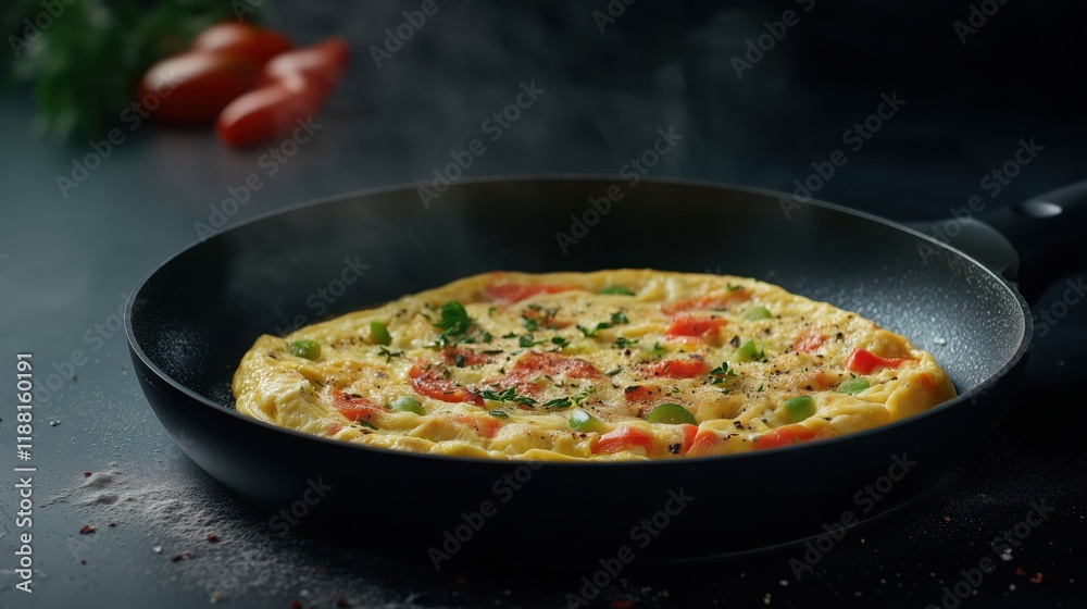 A frying pan holds a vibrant vegetable omelet, set against a dark background to highlight its freshness and flavor, offering ideal copy space for a cooking banner. A frying pan holds a vibrant vegetable omelet, set against a dark background to highlight its freshness and flavor, offering ideal copy space for a cooking banner.