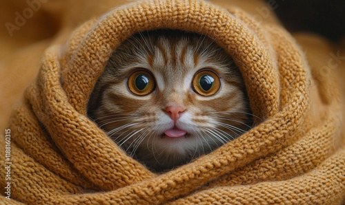 A fat calico cat peeking out from under a blanket, its eyes crossed and its tongue sticking out slightly, looking both derpy and endearingly clueless  photo