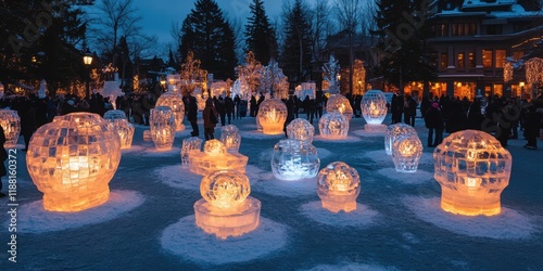 A collection of ice lanterns of various shapes and designs lighting up a snowy plaza surrounded by festivalgoers photo