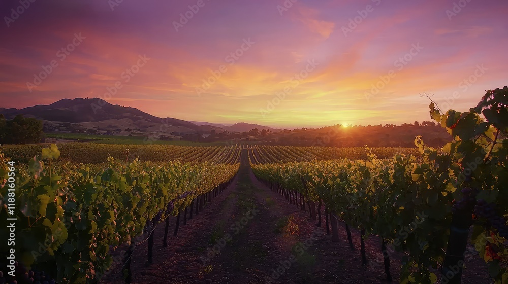 Fototapeta premium Serene Sunset Over Lush Vineyard Rows in Scenic Landscape