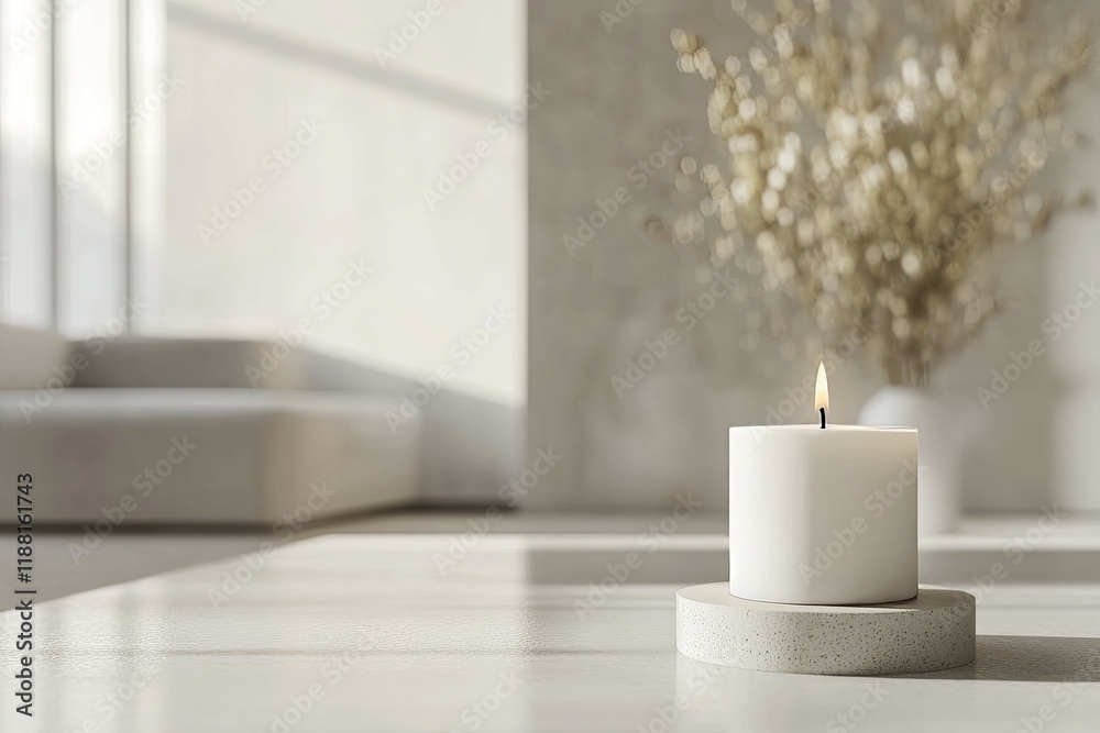 Serene Lit Candle on Minimalist Table: A Tranquil Home Scene Serene Lit Candle on Minimalist Table: A Tranquil Home Scene