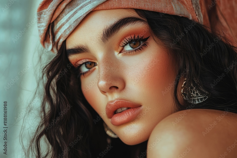 Naklejka premium Serious Hispanic woman with trendy headgear against degraded background