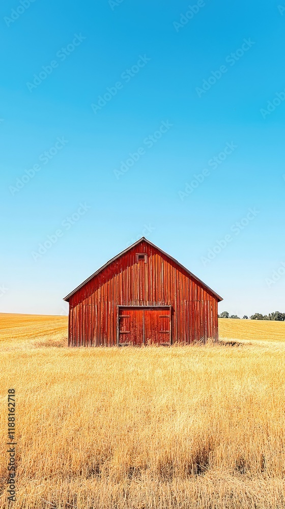 Rustic Red Barn Surrounded by Golden Fields under Clear Blue Sky Rustic Red Barn Surrounded by Golden Fields under Clear Blue Sky