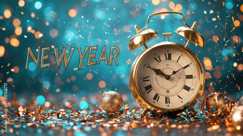 A festive New Year banner with bold text, colorful confetti, and a clock striking midnight. photo