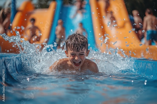 A fun water play area at a children's festival in the summer. Children splash around in a shallow pool and enjoy a water slide photo