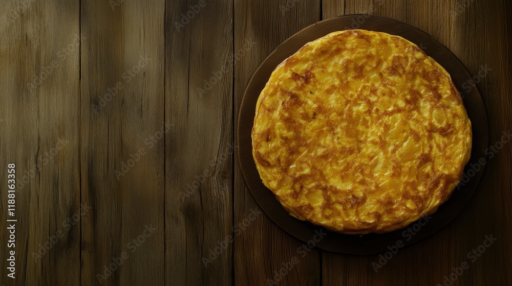 Tortilla de patatas, a classic Spanish dish, is displayed on a rustic wooden texture, with space for text, capturing its authentic essence. Tortilla de patatas, a classic Spanish dish, is displayed on a rustic wooden texture, with space for text, capturing its authentic essence.