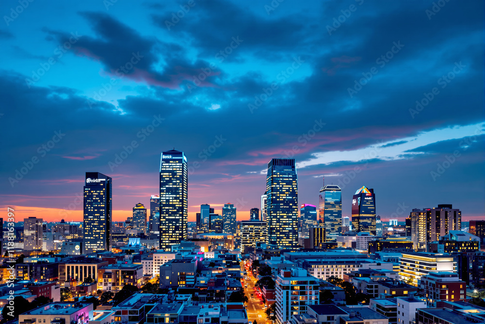Fototapeta premium Urban skyline at dusk with illuminated buildings and dramatic clouds in the background.