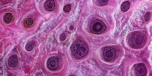 Fetal ovary micrograph showcasing multiple oocytes in the pachytene stage. The thick strands of paired homologous chromosomes are prominently visible in this detailed view of oocyte meiosis. photo