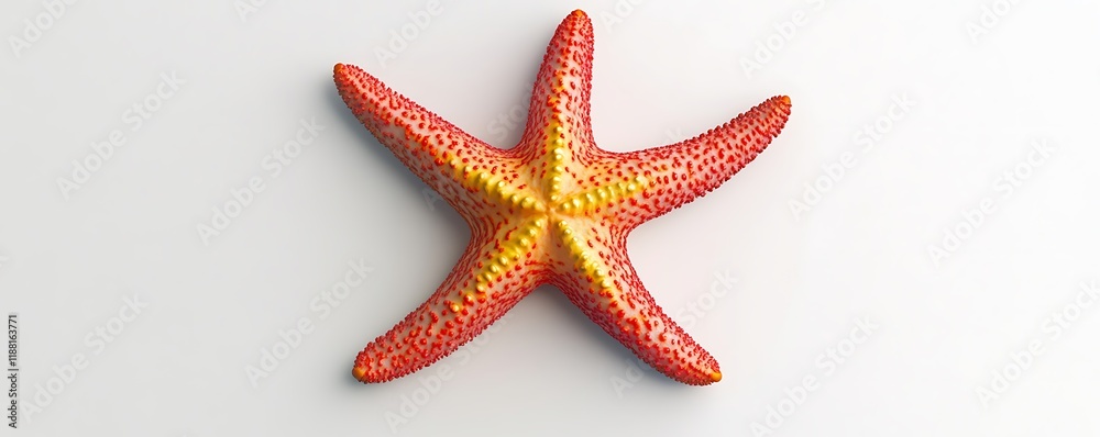 Top view of a red and yellow starfish on a plain white background, showcasing intricate textures. Top view of a red and yellow starfish on a plain white background, showcasing intricate textures.