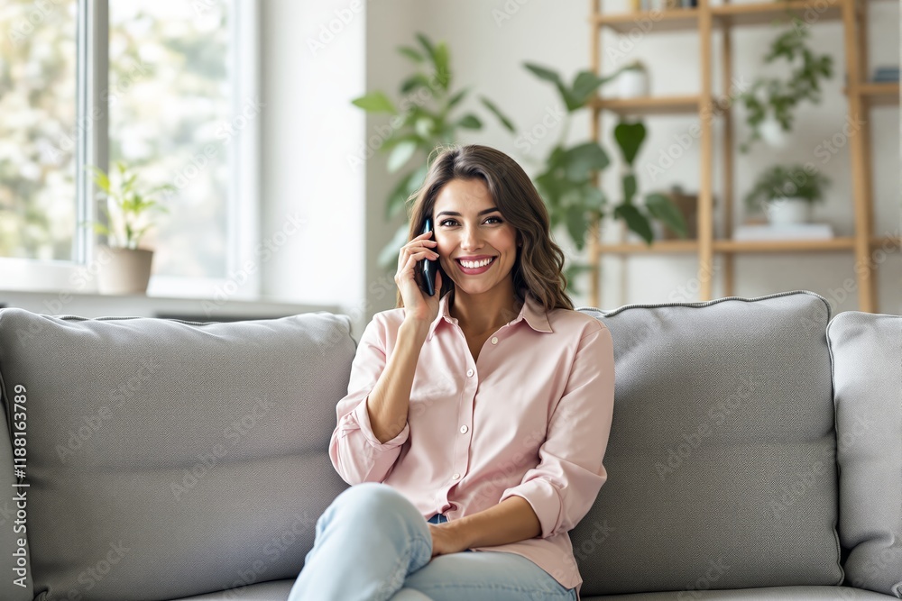 Woman smiling while talking on phone, sitting on a sofa in a bright living room with plants in the background. Woman smiling while talking on phone, sitting on a sofa in a bright living room with plants in the background.