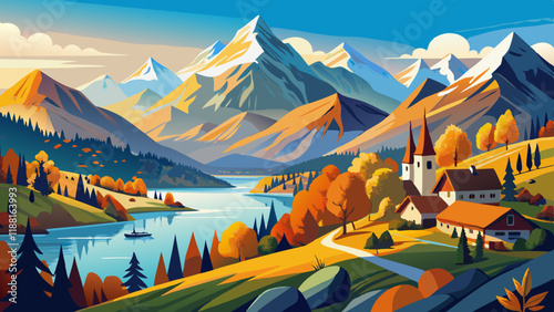 Great panoramic view of morning mountains in Switzerland with Lake Zürich and many tops in autumn