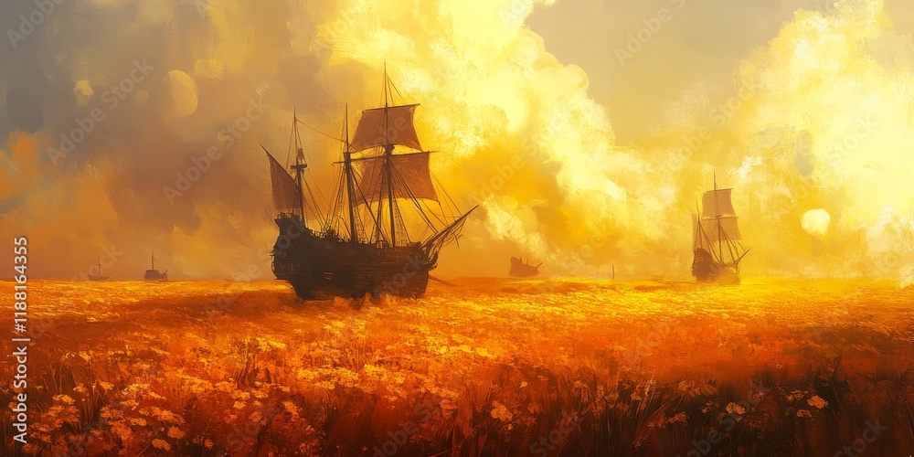 Fototapeta premium Ships basking in a sunlit yellow field create a stunning scene, with the ships elegantly contrasting against the blurred background of vibrant colors in the landscape.