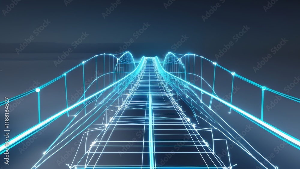 Neon Blueprint Bridge, A Futuristic Architectural Rendering of a Suspension Structure Neon Blueprint Bridge, A Futuristic Architectural Rendering of a Suspension Structure
